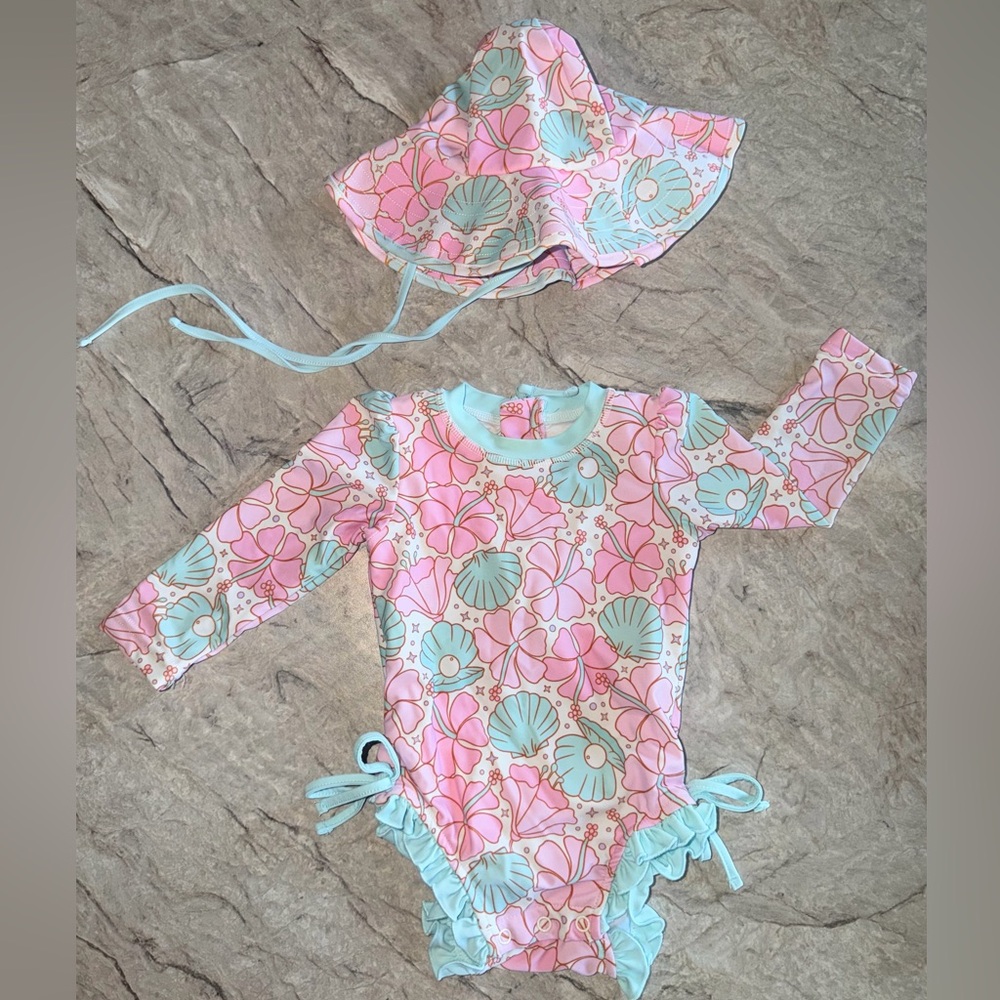 Caden Lane Pink & Mint Seashell Rashguard Swimsuit with Sun Hat